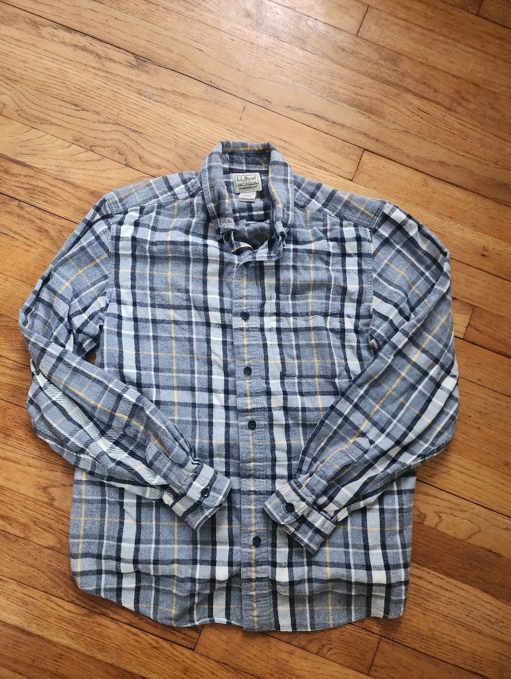 L.L. Bean Gray and Black Plaid Shirt with Yellow Stripes M REG